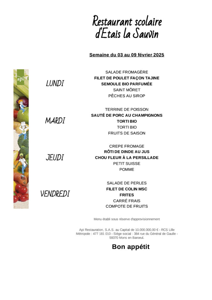 Menus du 3 au 9 Février 2025